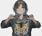  1girl :d animal_print asakura_toru blue_hair brown_hair colored_inner_hair double_thumbs_up drawstring forehead grey_hoodie grin highres hood hood_down hoodie idolmaster idolmaster_shiny_colors long_sleeves medium_hair multicolored_hair open_mouth parted_bangs pikuson pointing pointing_at_self print_hoodie sidelocks simple_background sleeves_rolled_up smile solo straight-on teeth thumbs_up tiger_print upper_body white_background 