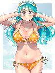  1girl bikini breasts cleavage collarbone green_hair highres horns kenken28937178 large_breasts long_hair looking_at_viewer lum navel oni orange_bikini polka_dot polka_dot_bikini smile solo swimsuit urusei_yatsura yellow_eyes 