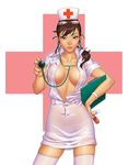  breasts chester_ocampo cleavage clipboard copyright_request glasses hat large_breasts no_bra nurse nurse_cap open_clothes open_shirt see-through shirt solo stethoscope thighhighs uniform zettai_ryouiki 