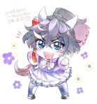  1girl animal_ears black_hair blue_eyes brown_footwear chibi clenched_hand ear_covers flower full_body hand_on_own_hip horse_ears horse_girl horse_tail katsuragi_ace_(umamusume) long_sleeves looking_at_viewer multicolored_hair new_(new21u) open_mouth ponytail purple_shirt purple_skirt purple_thighhighs school_uniform shirt shoes short_hair skirt smile solo standing streaked_hair tail thighhighs tracen_school_uniform translation_request twitter_username umamusume v-shaped_eyebrows watermark 