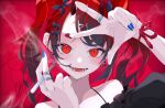  1girl blue_nails cigarette earrings fangs fingernails goma_irasuto highres holding holding_cigarette jewelry medium_hair nail_polish oni original red_background red_eyes red_hair ring signature twintails upper_body 
