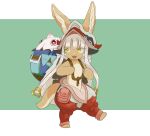  2others :3 animal_ears body_fur carrying carrying_person creature ears_through_headwear fake_horns furry furry_other helmet highres horned_helmet horns i_u_d_e_x in_pot made_in_abyss mitty_(made_in_abyss) multicolored_pants multiple_others nanachi_(made_in_abyss) other_focus pants puffy_pants simple_background whiskers 