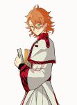  1boy book capelet closed_mouth commentary_request crossed_bangs fire_emblem fire_emblem_engage hair_between_eyes holding holding_book looking_at_viewer male_focus medium_hair oda32t orange_hair pandreo_(fire_emblem) red_trim robe simple_background smile solo standing white_background white_capelet white_robe wide_sleeves yellow_eyes 
