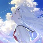 1girl :d album_cover blue_sky closed_eyes cloud cloudy_sky contrail cover cumulonimbus_cloud ear_piercing facing_up floating_hair hand_up highres hololive horns long_hair nakiri_ayame neckerchief official_art open_mouth piercing portrait profile red_neckerchief sailor_collar school_uniform shirt sidelocks sky smile solo teeth textless_version upper_teeth_only virtual_youtuber white_hair white_sailor_collar white_shirt wind yuribou 