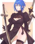  1girl 2b_(nier:automata) 2b_(nier:automata)_(cosplay) absurdres aqua_(kingdom_hearts) black_dress black_thighhighs blue_eyes blue_hair border breasts brown_background cleavage_cutout clothing_cutout commentary cosplay dress eyelashes highres kingdom_hearts leotard medium_breasts medium_hair nier:automata nier_(series) outside_border pink_lips puffy_sleeves simple_background smile solo standing sword sword_on_back thighhighs truejekart weapon weapon_on_back white_border white_leotard 