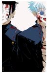  2boys absurdres black_hair black_jacket blood blood_on_cheek blood_on_clothes blood_on_eyewear blood_on_face blood_on_neck blue-tinted_eyewear blue_eyes border brown_eyes buttons collared_shirt cuts double-breasted gakuran getou_suguru gojou_satoru highres injury jacket jujutsu_kaisen loose_hair_strand male_focus messy_hair multiple_boys open_clothes open_jacket open_mouth parted_lips round_eyewear school_uniform shirt short_hair sideways_glance simple_background tariah_furlow tinted_eyewear tongue tongue_out torn_clothes torn_jacket twitter_username upper_body white_background white_border white_eyelashes white_hair white_shirt 