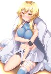  1girl arms_under_breasts artist_request blonde_hair blush breasts embarrassed genshin_impact highres large_breasts lumine_(genshin_impact) sitting skirt solo white_background white_skirt yellow_eyes 