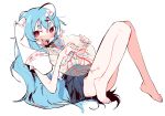  1girl :d @_@ absurdres ahoge animal_ears bare_legs barefoot blood blood_on_face blouse blue_hair blue_nails blue_skirt blush collared_shirt double-parted_bangs eds hair_between_eyes highres hikimayu indie_virtual_youtuber knees_together_feet_apart light_blue_hair long_hair looking_at_viewer lop_rabbit_ears lying nail_polish no_panties object_on_chest on_back para_(vtuber) para_(vtuber)_(3rd_costume) parasite_(para) pleated_skirt rabbit_ears red_eyes sharp_teeth shirt shirt_tucked_in sidelocks skirt smile teeth tongue virtual_youtuber white_background white_shirt 