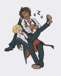  1boy 1girl arm_up black_coat black_footwear black_pants blonde_hair blush_stickers brown_footwear brown_hair closed_eyes coat collared_shirt crossed_arms dark-skinned_male dark_skin don_quixote_(project_moon) drooling english_commentary facing_viewer fangs full_body grey_background hair_between_eyes heathcliff_(project_moon) highres invisible_chair leg_up limbus_company looking_ahead necktie open_mouth pants project_moon red_necktie scar shirt sho_(fraylovebot) short_hair simple_background sitting sleeping spread_legs teeth two-sided_coat two-sided_fabric upper_teeth_only white_shirt yellow_eyes zzz 