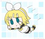  1girl :&lt; aqua_eyes black_leg_warmers black_sailor_collar black_shorts blonde_hair blue_background bow bow_hairband chibi detached_sleeves falling flat_color full_body grid_background hair_bow hair_ornament hairband hairclip hatsune_negame jitome kagamine_rin light_blush motion_lines outstretched_arms sailor_collar shirt short_hair shorts solid_oval_eyes solo swept_bangs twitter_username vocaloid white_bow white_shirt 