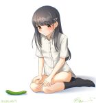  1girl black_hair black_socks brown_eyes collared_shirt cucumber dress_shirt hair_ornament hairclip hayashio_(kancolle) kantai_collection long_hair mole mole_under_eye one-hour_drawing_challenge ray.s seiza shirt simple_background sitting socks solo white_background white_shirt 