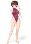  1girl absurdres barefoot breasts brown_eyes brown_hair covered_navel full_body geraldjess1 highres large_breasts looking_at_viewer one-piece_swimsuit ranma_1/2 short_hair smile solo standing swimsuit tendou_nabiki white_background 
