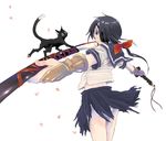  artist_request black_cat cat copyright_request eyepatch mouth_hold petals ribbon school_uniform serafuku short_hair skirt solo sword torn_clothes torn_skirt weapon 