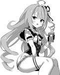  1girl ahoge azur_lane azur_lane:_slow_ahead choker cross cross_choker cross_earrings cup drinking_straw earrings grey_hair greyscale hand_up holding holding_cup hori_(hori_no_su) jewelry l&#039;opiniatre_(azur_lane) long_hair looking_at_viewer monochrome official_art one_side_up simple_background sitting solo thighhighs tri_drills white_background 