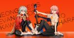  1boy 1girl barefoot boots character_name cosplay crossover flcl gainax green_eyes hair_between_eyes haruhara_haruko haruhara_haruko_(cosplay) kaminari_s nagisa_kaworu nagisa_kaworu_(cosplay) neon_genesis_evangelion red_eyes school_uniform shirt toes tokyo-3_middle_school_uniform white_footwear white_shirt 