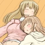  ahoge breast_pillow brown_hair closed_eyes long_hair minami-ke minami_chiaki minami_haruka multiple_girls yuuichi_(tareme_paradise) 