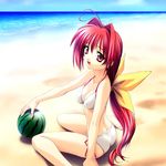  beach bikini day food fruit holding holding_food holding_fruit kagami_sumika long_hair muvluv norizou_type-r ocean side-tie_bikini solo swimsuit watermelon 