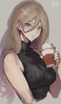  alternate_costume black_sweater blonde_hair blue_eyes breasts hair_between_eyes haruto_(harut_n) kantai_collection large_breasts long_hair looking_at_viewer mole mole_under_eye mole_under_mouth one-hour_drawing_challenge parted_bangs richelieu_(kancolle) simple_background sleeveless sleeveless_sweater sweater tumbler upper_body white_background 