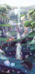  ani_(puniper) area_zero artist_name commentary crystal flying fog glimmora grass great_tusk highres in-universe_location koraidon no_humans outdoors pokemon pokemon_(creature) pokemon_sv scream_tail sky slither_wing tail tree twitter_username water waterfall white_sky wings yellow_eyes 