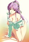  absurdres arm_grab arm_support bangs bare_shoulders bed breasts cleavage downblouse dress_shirt hair_ribbon highres horibe_hiderou indoors isaku large_breasts leaning long_hair no_bra no_pants off_shoulder official_art panties pink_panties ponytail purple_hair red_eyes ribbon scan shirt shuusaku solo standing takabe_eri thigh_gap thighs underwear 