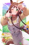  1girl ;) ahoge animal_ears brown_hair camera casual green_eyes highres horse_ears horse_girl huge_ahoge iam_(tetsu0ekaki) jewelry long_sleeves looking_at_viewer medium_hair multicolored_hair necklace one_eye_closed overalls rhein_kraft_(umamusume) shirt smile solo star_(symbol) star_in_eye symbol_in_eye umamusume white_overalls yellow_shirt 