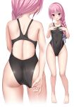  1girl absurdres adjusting_clothes adjusting_swimsuit ass black_one-piece_swimsuit braid breasts competition_swimsuit covered_navel full_body hair_over_shoulder hair_ribbon hands_on_own_chest highleg highleg_swimsuit highres long_hair mitsukasa_ayase multiple_views ncontrail_(mgax7527) one-piece_swimsuit pink_hair purple_eyes racerback ribbon riddle_joker simple_background single_braid small_breasts standing swimsuit white_background 