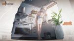  1girl apron artist_request bare_legs black_bra black_panties blush bra breasts character_name choker cleavage closed_mouth commentary cooking_pot copyright_name english_commentary english_text feet food full_body girls&#039;_frontline green_eyes hair_ornament head_tilt highres hk433_(girls&#039;_frontline) hk433_(sweetheart&#039;s_family_kitchen)_(girls&#039;_frontline) holding holding_food holding_knife indoors kitchen knife large_breasts long_hair looking_at_viewer nearly_naked_apron official_alternate_costume official_art oven panties peeling plant potato potted_plant sandals second-party_source shelf solo standing toes trash_can twintails underwear very_long_hair white_apron white_footwear white_hair window_blinds 