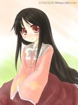  black_hair blush bow dated dress frills houraisan_kaguya long_hair looking_at_viewer nekotani_mikamo number pink_dress red_eyes signature sitting smile solo touhou white_bow 