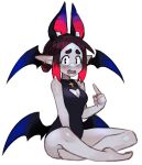  1girl animal_ears bat_ears bat_wings bite_mark black_eyes black_hair blush braid breasts cleavage cleavage_cutout clothing_cutout colored_skin eleanor_(justadrian) fangs hair_bun highres jewelry justadrian_(yoadriandk) leotard multicolored_hair open_mouth pointing pointing_at_self pointy_ears red_hair short_hair simple_background thick_eyebrows two-tone_hair vampire wings 