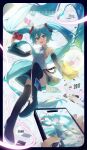  2008 2017 2023 2024 :d absurdres aqua_eyes aqua_hair aqua_necktie black_footwear black_skirt black_sleeves boots camera cellphone closed_eyes closed_mouth collared_shirt dated detached_sleeves floating_hair grey_shirt hair_between_eyes hair_ornament hatsune_miku highres holding holding_camera holding_phone kamatoyu long_hair long_sleeves looking_at_viewer miku_day miniskirt necktie open_mouth phone pleated_skirt shirt skirt sleeveless sleeveless_shirt smartphone smile solo_focus thigh_boots twintails very_long_hair vocaloid wing_collar 