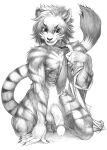 anthro biped felid feline fur genitals graphite_(artwork) greyscale hair half-erect kemono kneeling looking_at_viewer male mammal marudi monochrome mostly_nude necktie pantherine pencil_(artwork) penis simple_background smile solo tiger traditional_media_(artwork) white_background