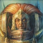  1boy ancient_egyptian_hat armor artist_name breastplate closed_mouth colored_skin commentary english_commentary long_hair magnus_the_red male_focus missing_eye noldofinve pauldrons power_armor primarch red_hair red_skin scarab shoulder_armor signature solo straight-on the_horned_raiment thousand_sons traditional_media upper_body warhammer_40k yellow_eyes 
