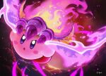  blush_stickers colored_skin copy_ability dragon_wings embers fire fire_kirby glowing glowing_wings highres kirby kirby_(series) kirby_and_the_forgotten_land looking_at_viewer no_humans pink_skin purple_fire signature solo wings yuni_(unitary_580) 