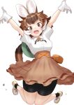  1girl animal_ears bike_shorts_under_skirt blush breasts brown_hair dhole_(kemono_friends) dog_ears dog_girl dog_tail extra_ears gloves jumping kemono_friends kemono_friends_3 looking_at_viewer medium_breasts multicolored_hair official_alternate_costume open_mouth shirt short_hair skirt smile tail tetsukuzu_(yajirushi_shita) two-tone_hair white_hair 