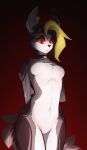 2024 absurd_res anthro breasts canid canine collar eyeshadow female fennec_fox fox fur hair hi_res knife looking_at_viewer makeup mammal multicolored_body observerdoz red_eyes simple_background solo tail tlen_borowski_(oc) true_fox 