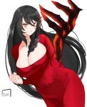  1girl artist_name black_hair blush breasts claws cleavage clenched_hand closed_mouth commentary covered_navel dress hair_between_eyes highres icoo large_breasts long_hair red_dress simple_background solo tales_of_(series) tales_of_berseria v-shaped_eyebrows velvet_crowe very_long_hair white_background yellow_eyes 