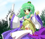  blonde_hair blush detached_sleeves fang frog_hair_ornament gohei green_eyes green_hair hair_ornament hat hug hug_from_behind kamine_ten kochiya_sanae long_hair moriya_suwako multiple_girls open_mouth smile snake_hair_ornament touhou 