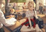  3girls 4boys acoustic_guitar bag bedivere_(fate) blonde_hair chair classroom commentary_request contemporary desk fate/grand_order fate_(series) gareth_(fate) gawain_(fate) grey_hair guitar high_ponytail highres indoors instrument lancelot_(granblue_fantasy) long_hair mash_kyrielight mordred_(fate) mordred_(fate/apocrypha) multiple_boys multiple_girls on_desk pink_hair playing_guitar red_hair school_bag school_chair school_desk school_uniform shirt short_hair sitting tesin_(7aehyun) tristan_(fate) white_shirt 