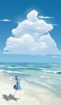  1girl arm_at_side artist_name bare_legs barefoot beach blue_bow blue_dress blue_eyes blue_hair blue_sky bow cirno closed_mouth cloud collared_shirt commentary cumulonimbus_cloud day dress english_commentary hair_bow highres ice ice_wings looking_afar ocean outdoors profile scenery shaoviie shirt short_dress short_hair short_sleeves sky sleeveless sleeveless_dress solo standing summer touhou waves white_shirt wide_shot wings 