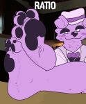 anthro blush blush_lines bow_tie canid canine canis claws clothing domestic_dog dragotrashcan feet foot_focus fur hat headgear headwear male mammal pawpads paws photo_background photography_(artwork) purple_body purple_fur ratio_(meme) smug_expression solo suit toe_claws uhyeah