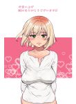  1girl absurdres blonde_hair bottomless breasts collarbone commentary_request covered_nipples green_eyes heart heart_background highres large_breasts medium_hair no_bra original shirt shiwasu_no_okina smile solo translation_request underwear white_shirt 