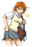  ahoge bag cowboy_shot grey_skirt grin hand_on_hip md5_mismatch miniskirt my-hime oekaki one_eye_closed orange_hair purple_eyes school_bag school_uniform short_hair short_sleeves skirt smile solo sweater_vest tokiha_mai yakibuta 