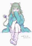  1girl animal_ears blue_cardigan blue_jacket cardigan cat_day cat_ears cat_tail dated flower green_hair hair_flower hair_ornament highres jacket kusanagi_nene long_hair long_sleeves looking_at_viewer loose_socks low-tied_sidelocks meekochinun17 project_sekai purple_ribbon ribbon sitting socks solo tail tail_ornament tail_raised tail_ribbon white_socks 