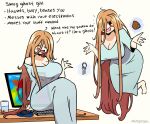  1girl absurdres breasts cleavage cup drinking_glass english_text floating ghost highres key large_breasts long_hair monitor mouse_(computer) mousepad_(object) multiple_tails murgoten orange_hair original red_eyes sitting sitting_on_table tail very_long_hair wallet water 
