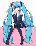  1girl amefu_luna bare_shoulders black_pantyhose black_skirt black_sleeves blue_eyes blue_hair closed_mouth collared_shirt detached_sleeves full_body hair_between_eyes hair_ornament hand_on_own_cheek hand_on_own_face hatsune_miku head_rest highres long_hair long_sleeves outline pantyhose pink_background pixel_art pleated_skirt shirt simple_background sitting skirt sleeveless sleeveless_shirt smile solo twintails very_long_hair vocaloid white_background white_shirt wide_sleeves yellow_outline 