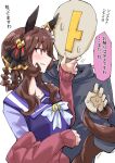  1boy 1girl animal_ears blush breasts brown_hair commentary_request ear_covers ear_ornament flirting gentildonna_(umamusume) hand_on_another&#039;s_chin horse_ears horse_girl horse_tail jacket medium_breasts nodachi_(artist) red_eyes simple_background single_ear_cover smile sweat tail tracen_training_uniform trainer_(umamusume) translation_request umamusume white_background 
