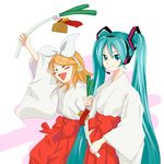  aqua_hair hakama hatsune_miku japanese_clothes kagamine_rin long_hair miko multiple_girls red_hakama spring_onion takahashi_ren twintails very_long_hair vocaloid 