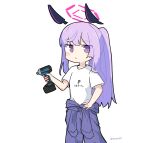  1girl alternate_costume blue_archive blush closed_mouth feet_out_of_frame floating_headgear halo headgear highres holding_power_drill kuroshiro1011 long_hair looking_at_viewer pants power_tool purple_eyes purple_hair purple_pants shirt short_sleeves simple_background solo twitter_username utaha_(blue_archive) white_background white_shirt 