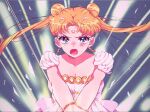 1girl bishoujo_senshi_sailor_moon blonde_hair blue_eyes bracelet crescent crescent_facial_mark double_bun dress earrings facial_mark hair_bun jewelry long_hair looking_at_viewer open_mouth own_hands_together pearl_bracelet princess_serenity rumic_0620 solo straight-on tsukino_usagi twintails white_dress 