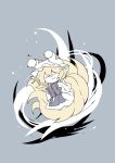  animal_hat blonde_hair closed_eyes closed_mouth fox_tail grey_background hands_in_opposite_sleeves hat highres long_sleeves mizuga mob_cap multiple_tails tabard tail touhou wide_sleeves yakumo_ran 